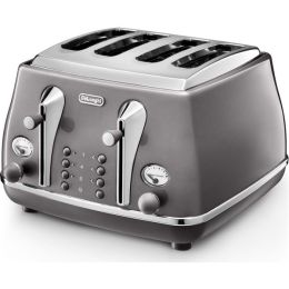 De’Longhi CTOT4003.GY 4 Slice Toaster Icona Metallics Defrost Function Grey