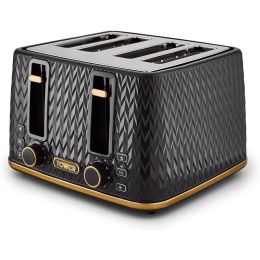 Tower T20061BLK 4 Slice Toaster Defrost Function 1600W Empire Black and Brass