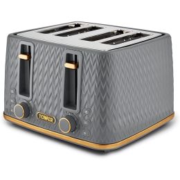 Tower T20061GRY 4 Slice Toaster Defrost Function 1600W Empire Grey and Brass